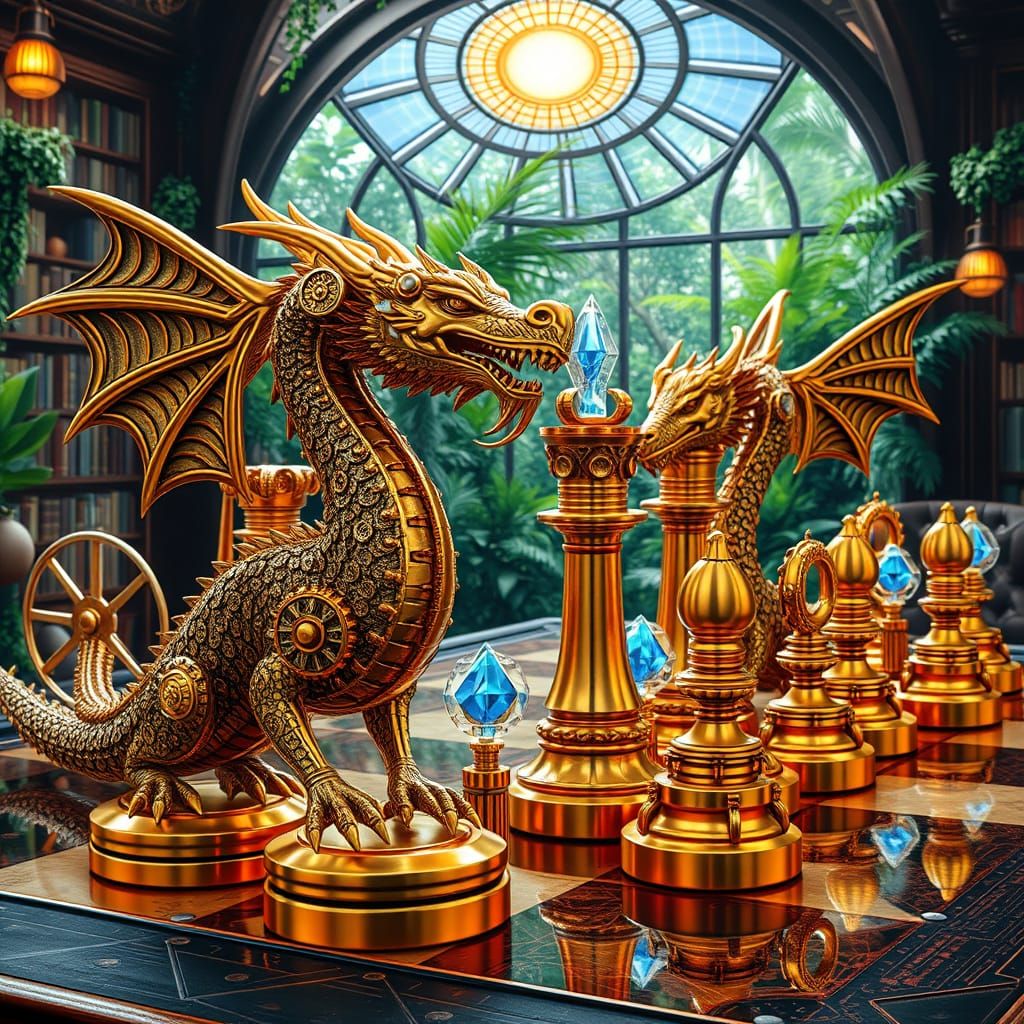 Steampunk Dragon Chess Set on Solarpunk Chessboard