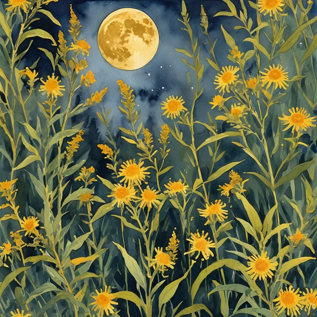 Romantic Moonlit Gouache Painting in Impressionist Style