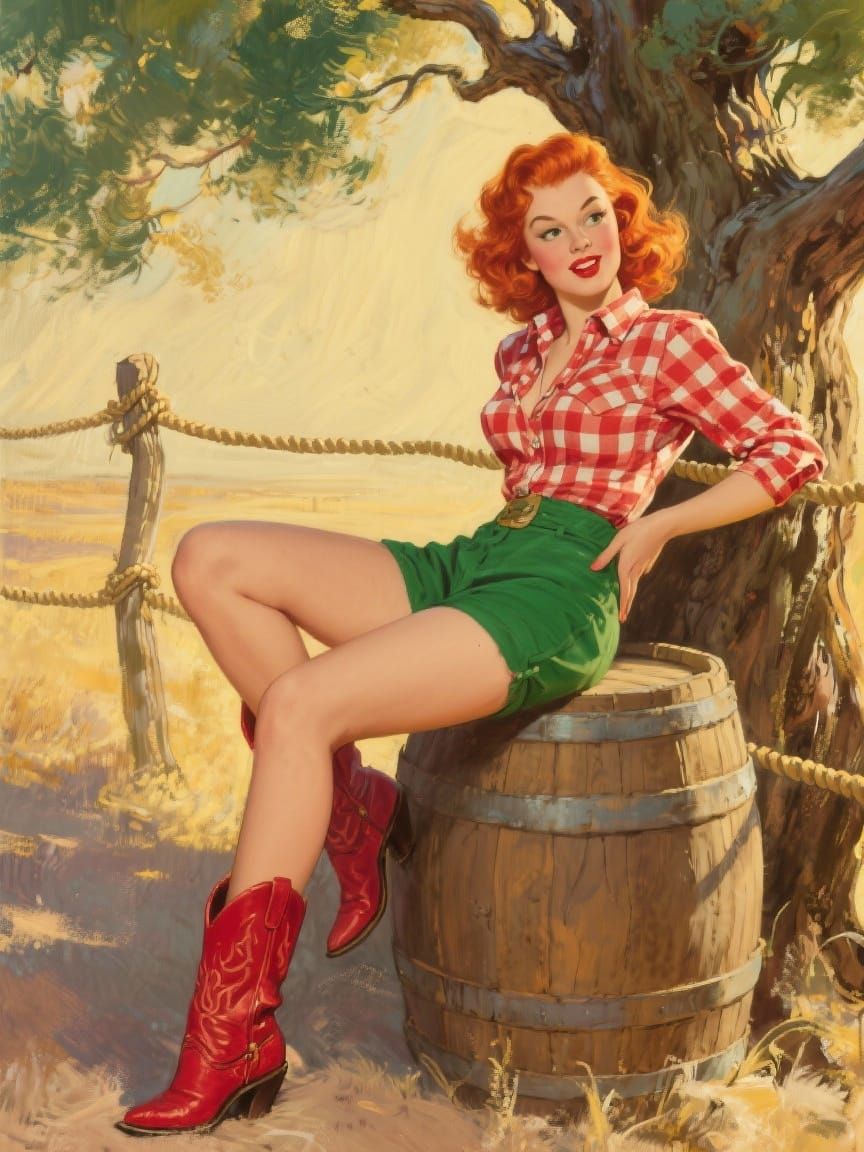 Redhead Pin-Up Girl in Western Dreamscape