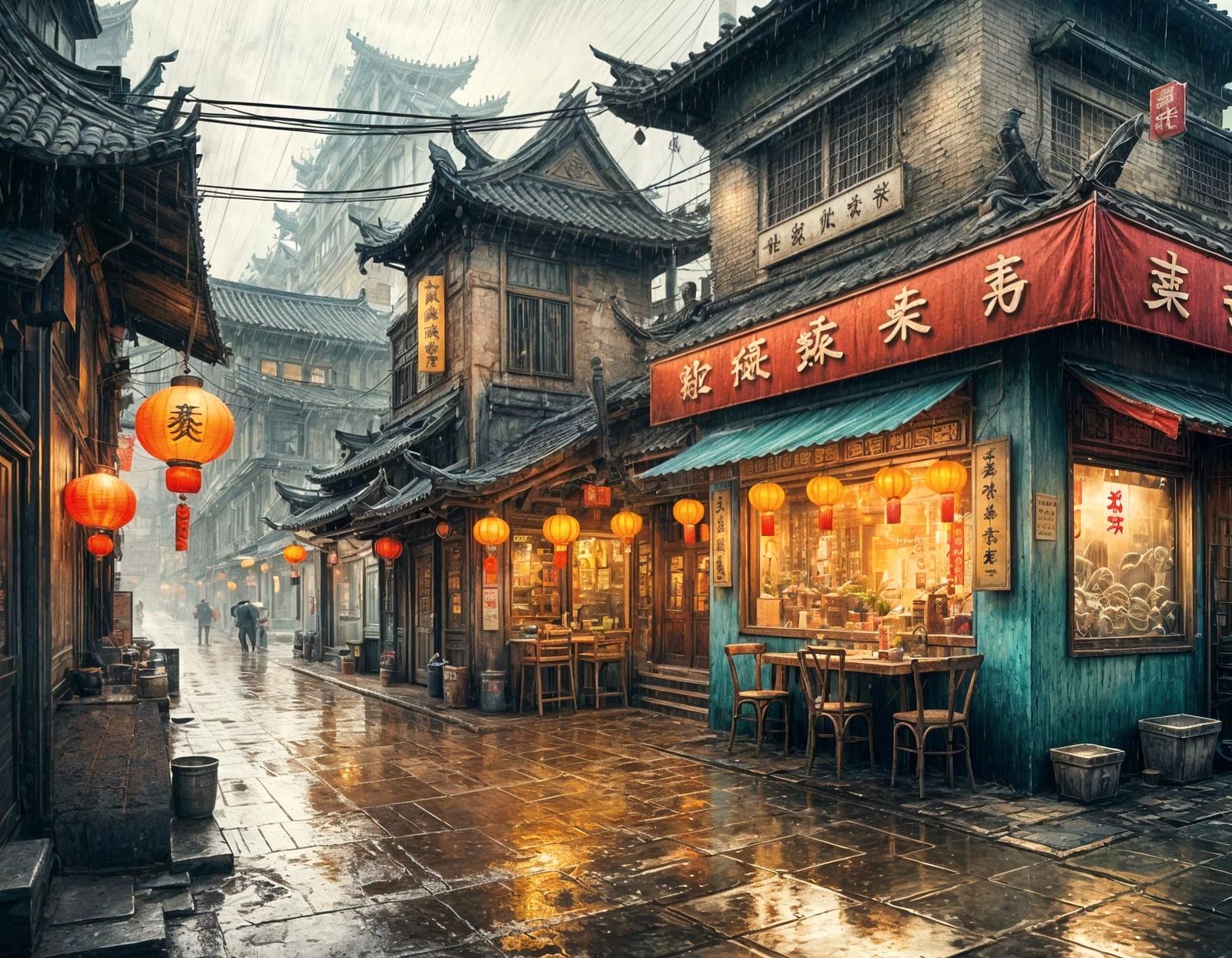 Chinese Ink Art of Rainy Street Noodles