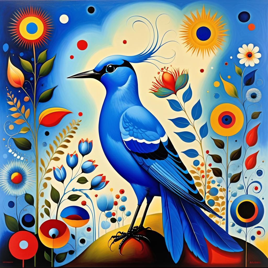 Bluebird in Dreamlike Landscape: Gouache Art