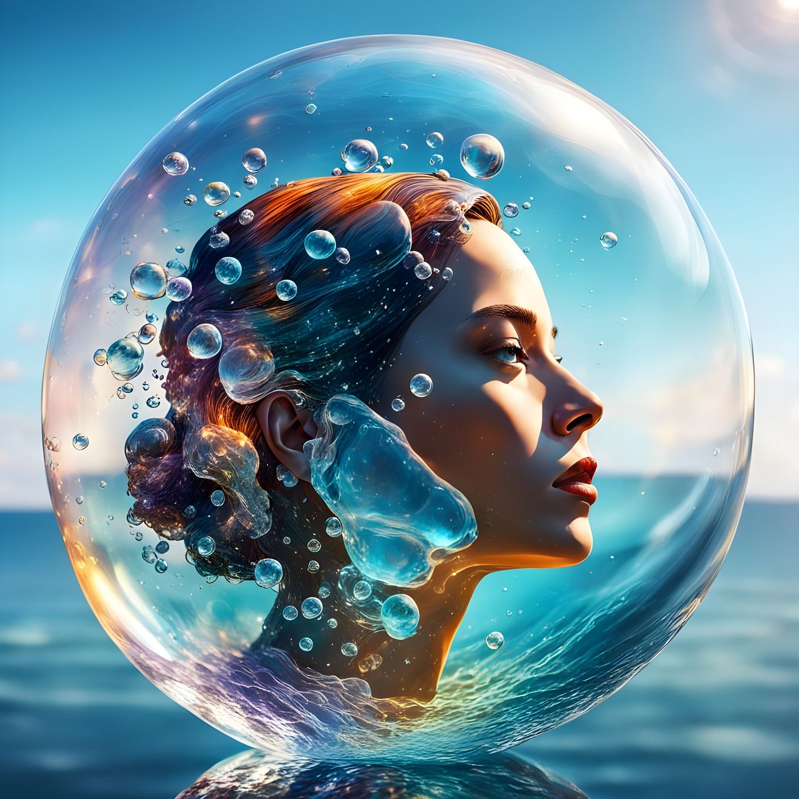 Crystal Woman in Glass Bubble Above Sea