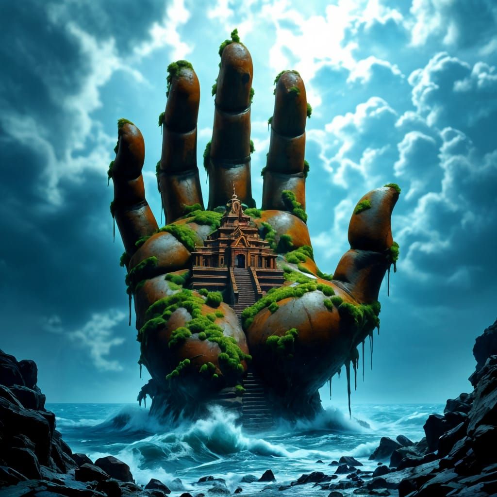 Massive Iron Hand Rises From Stormy Sea