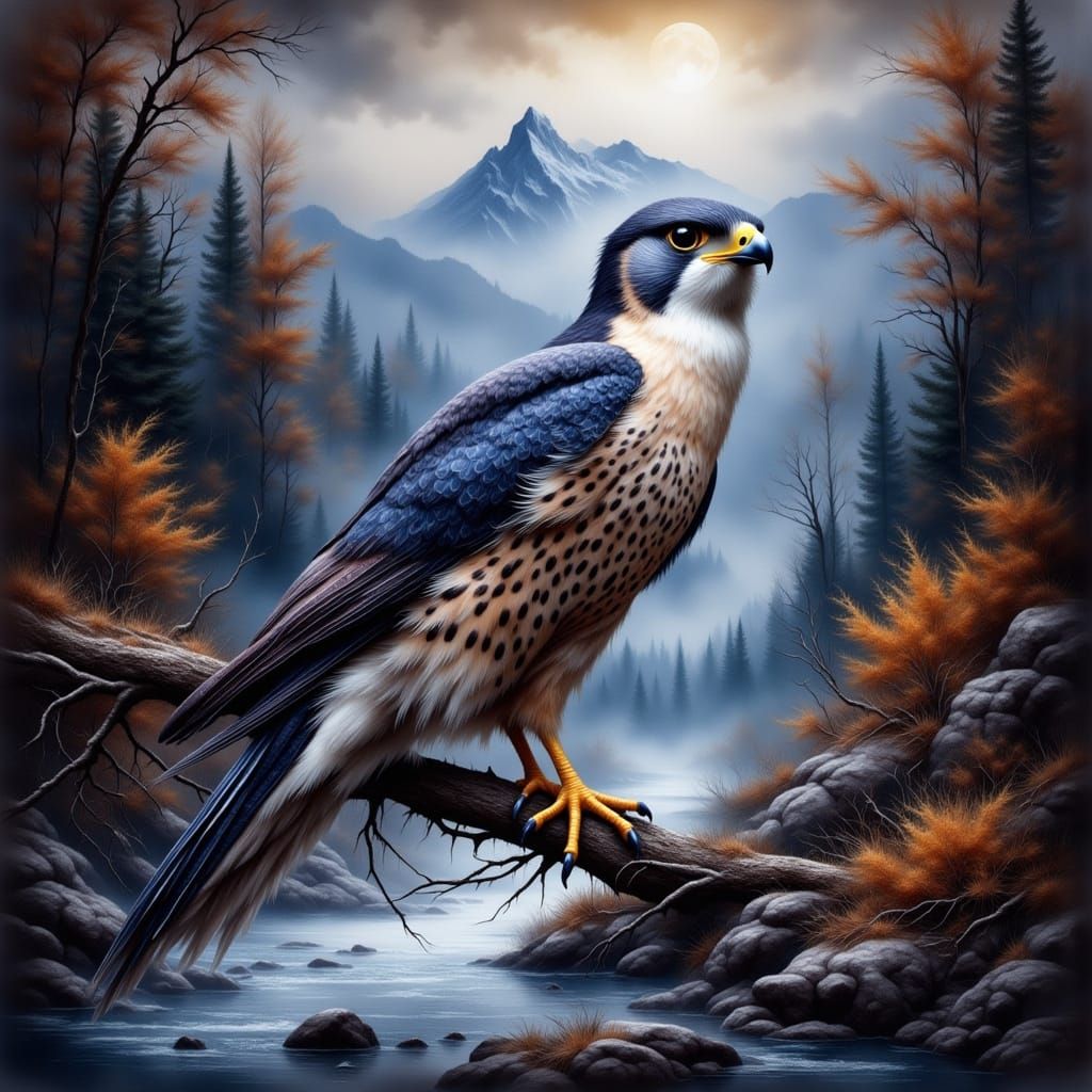 Surreal Autumn Falcon on a Rocky Riverbank