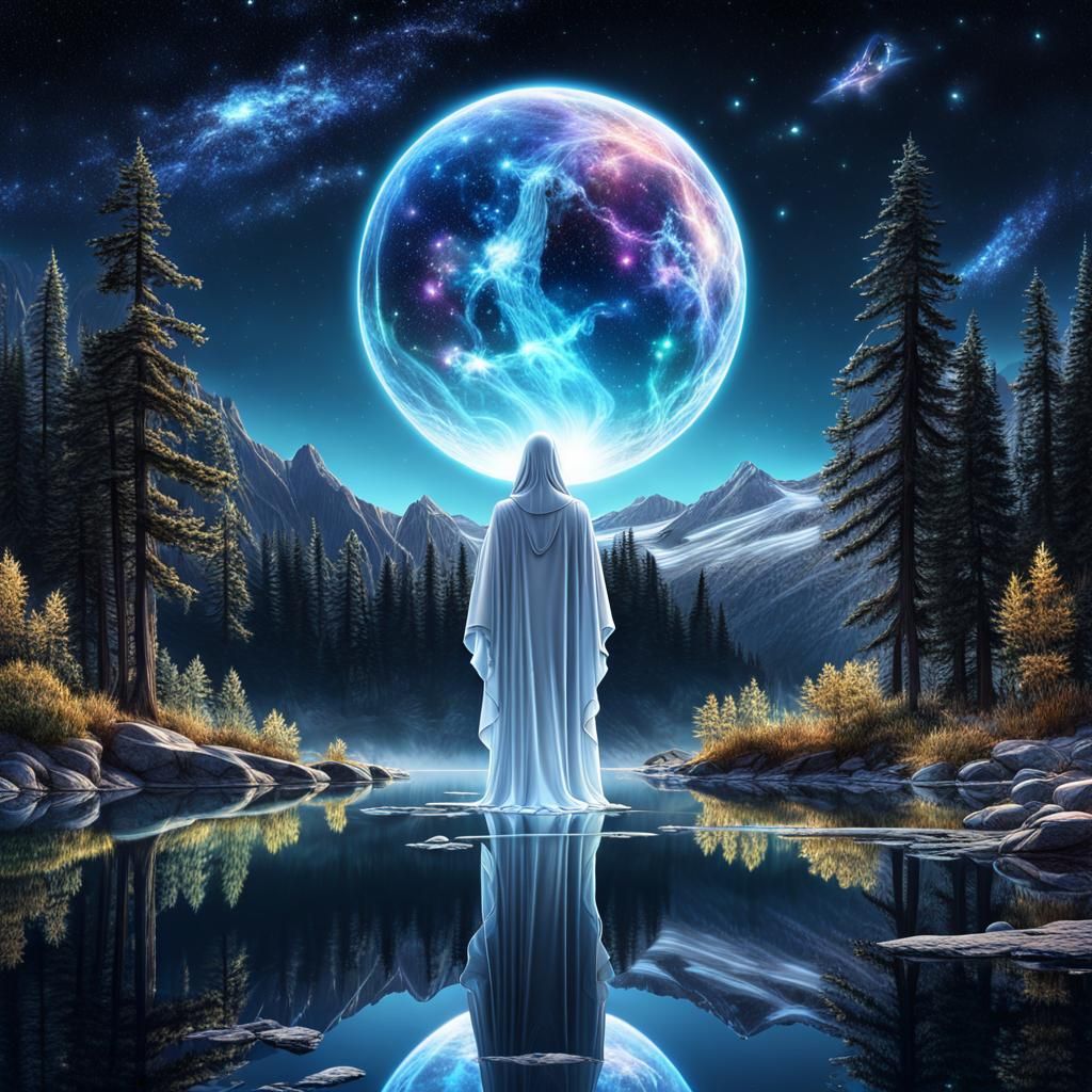 Ethereal Ghost Reflected in Galactic Mirror Lake