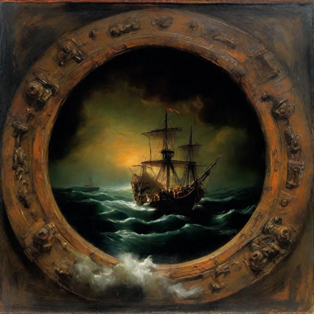 Seascape Through Porthole in Rembrandt Style
