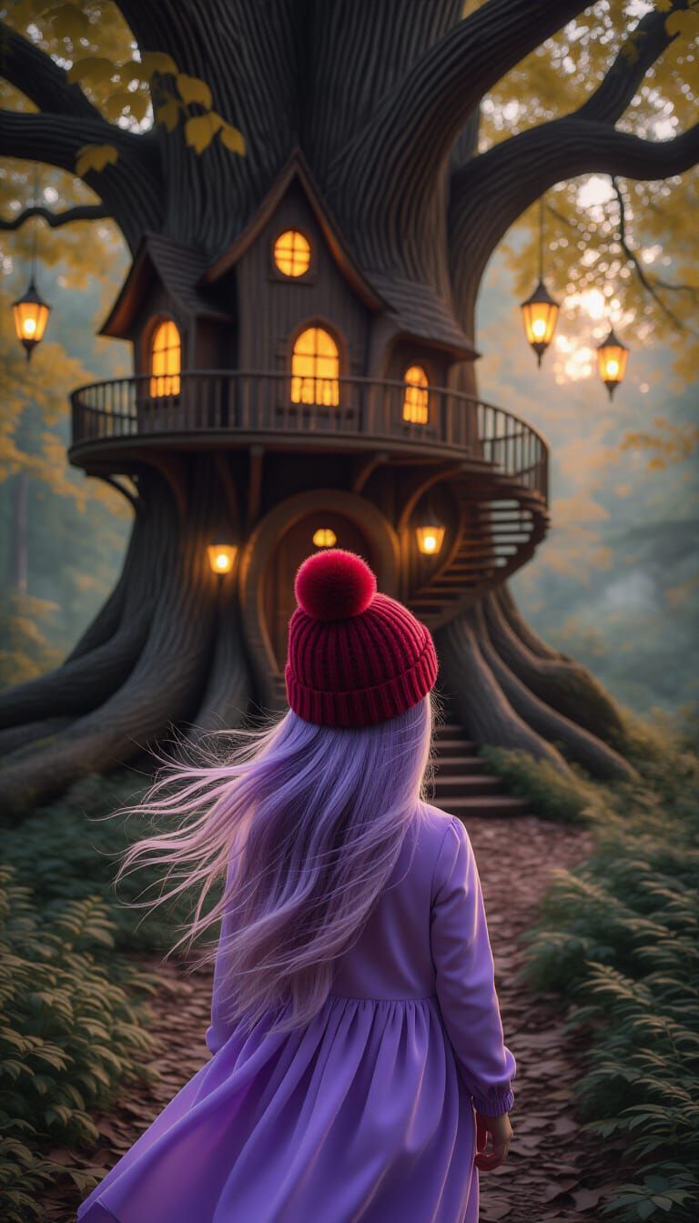 Little Girl in Enchanted Forest at Dusk