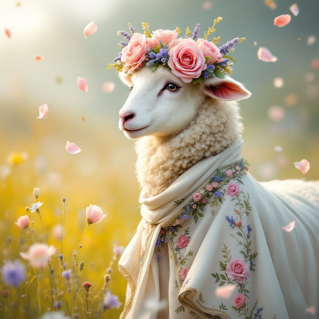 Sheep with Floral Crown in Whimsical Meadow