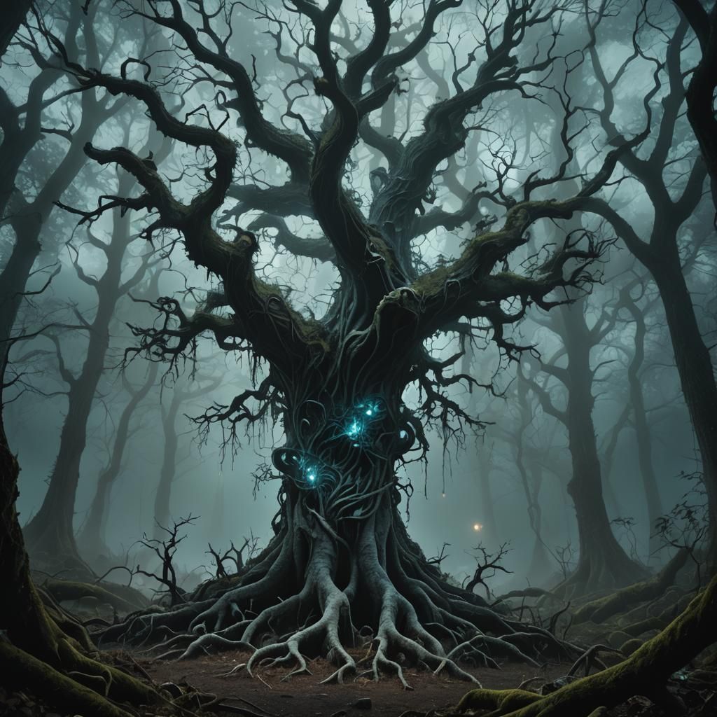 Eerie Bioluminescent Forest in Dark Surrealism Style