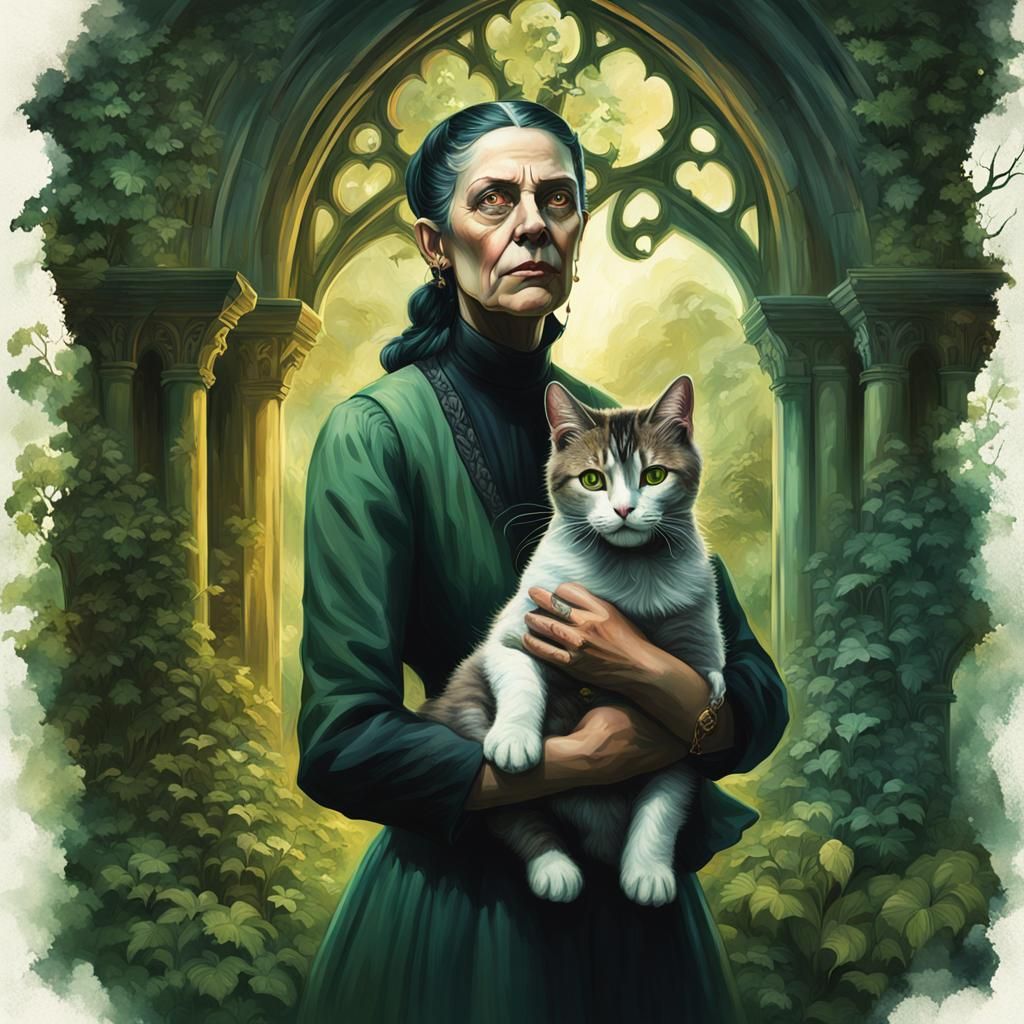 Frankenstein Woman with Cat in Gothic Abbey