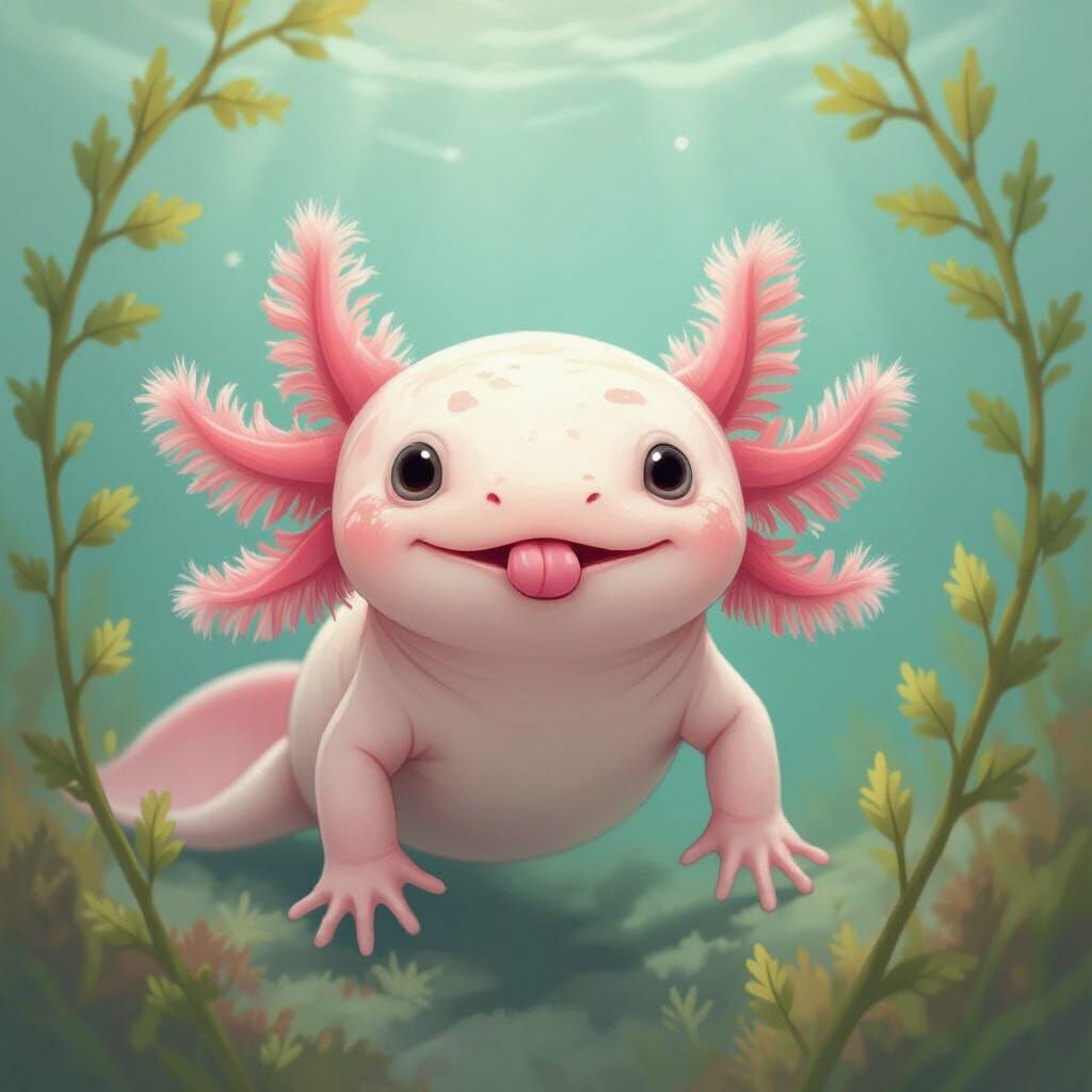 Whimsical Axolotl Underwater with Seaweed Ears