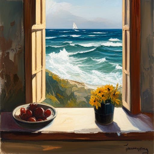 Wild Sea View with Fishermen: Oil Painting