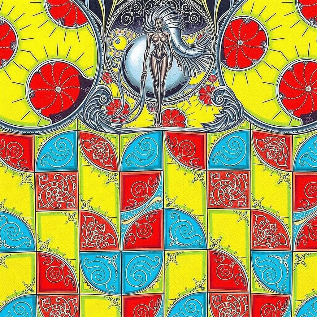 Elegant Figure Amidst Vibrant Nautilus and Fibonacci Pattern...