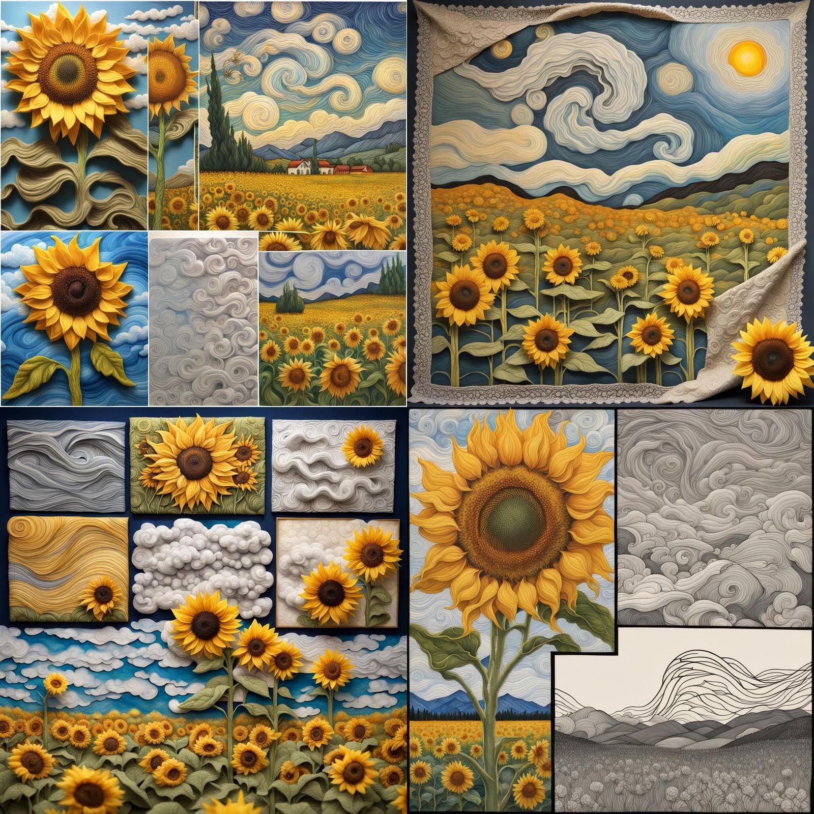 Surreal Sunflower Landscape with Swirling Clouds
