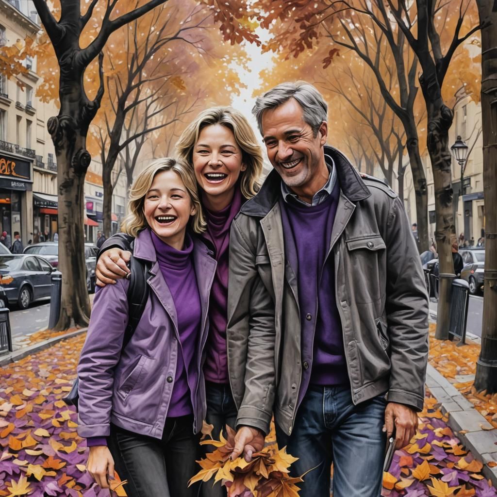 Laughing Family in Paris: Hyperdetailed Charcoal Drawing