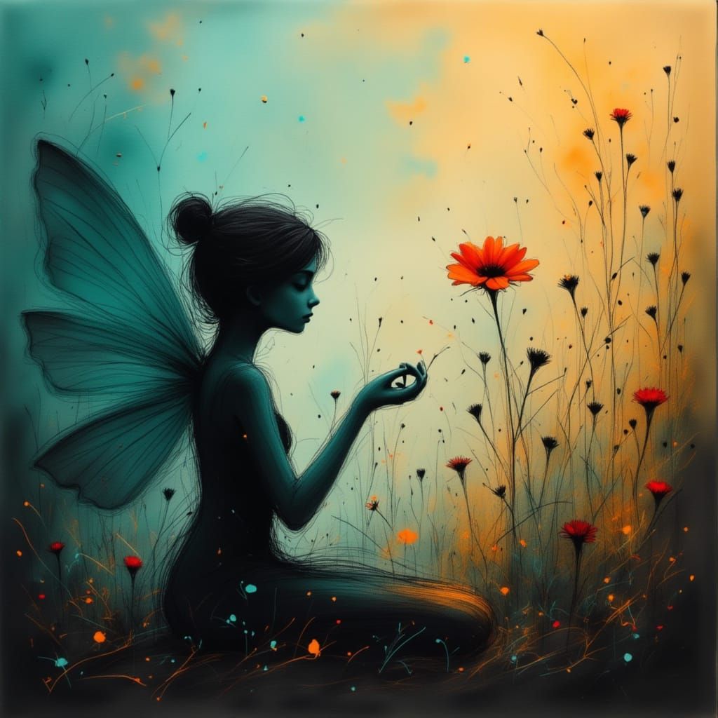 Fairy Picking Flowers in Teal and Gold