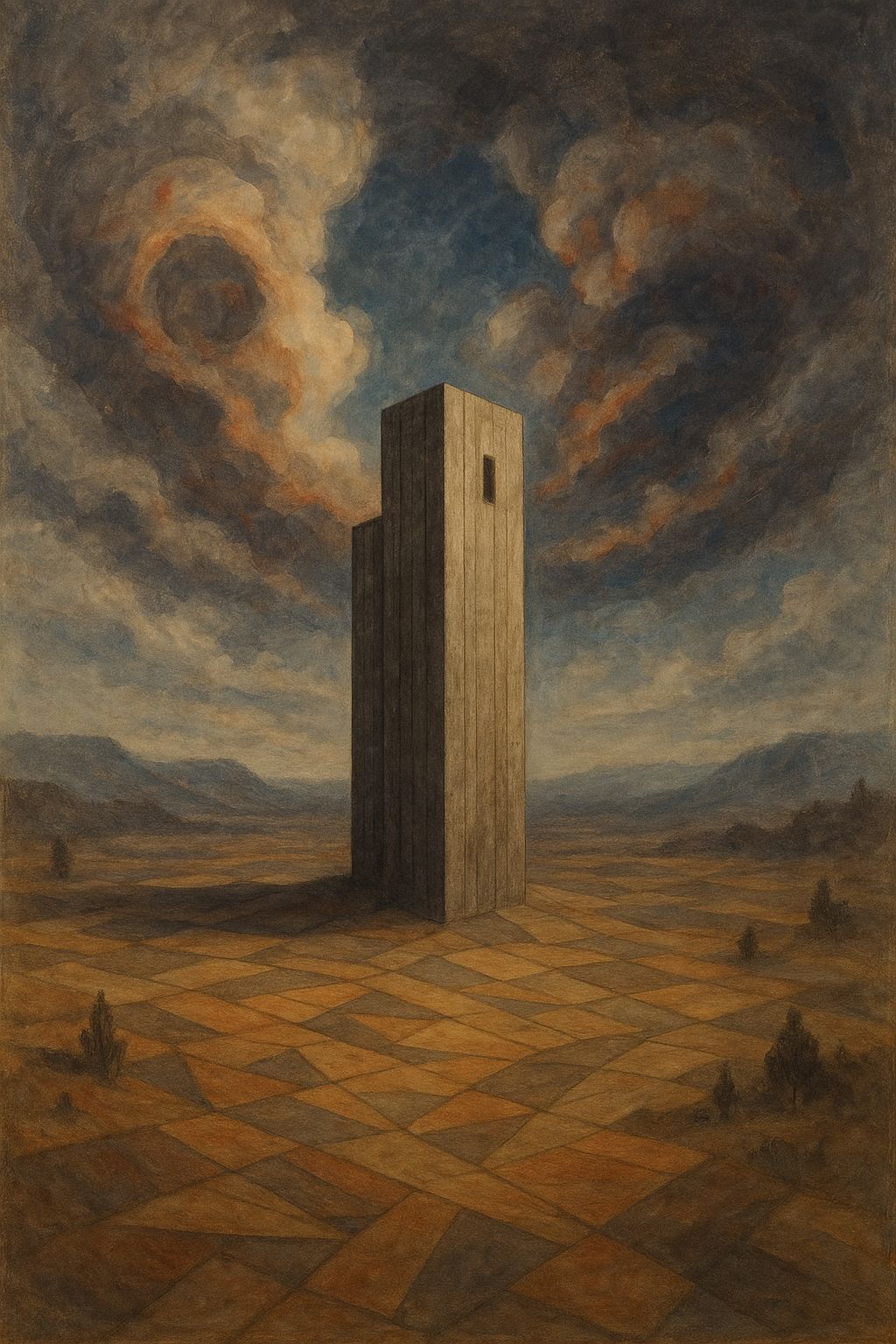 Surreal Brutalist Tower in Interdimensional Landscape