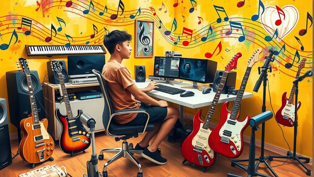 Surreal Musician Lost in Creative Fervor, Expressive Impasto...