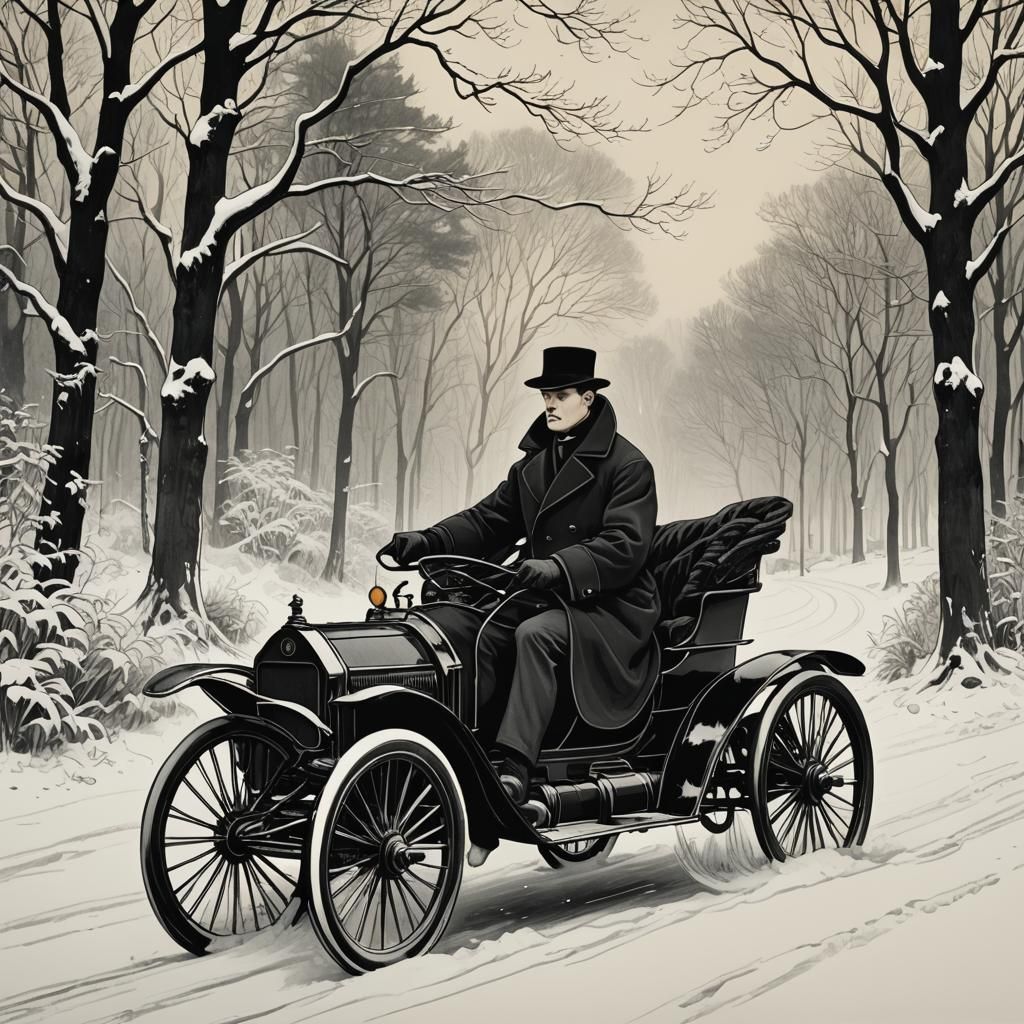 Vintage Winter Drive: Aubrey Beardsley Style Illustration