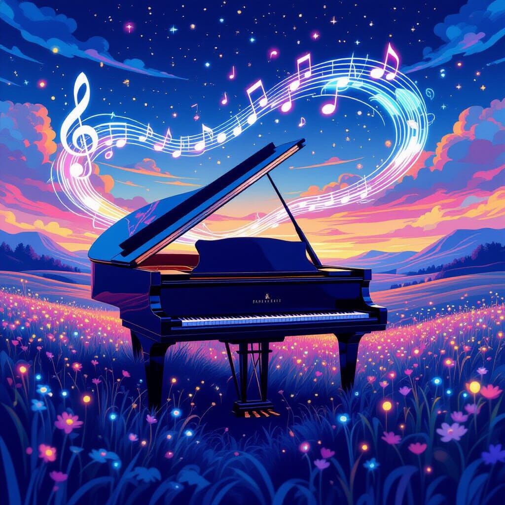 Surreal Grand Piano With Luminous Notes in Dreamlike Landsca...