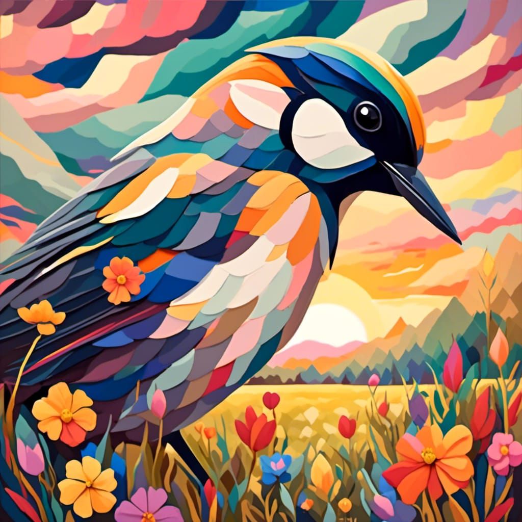 Jay on Meadow in Klimt-Inspired Cubist Style