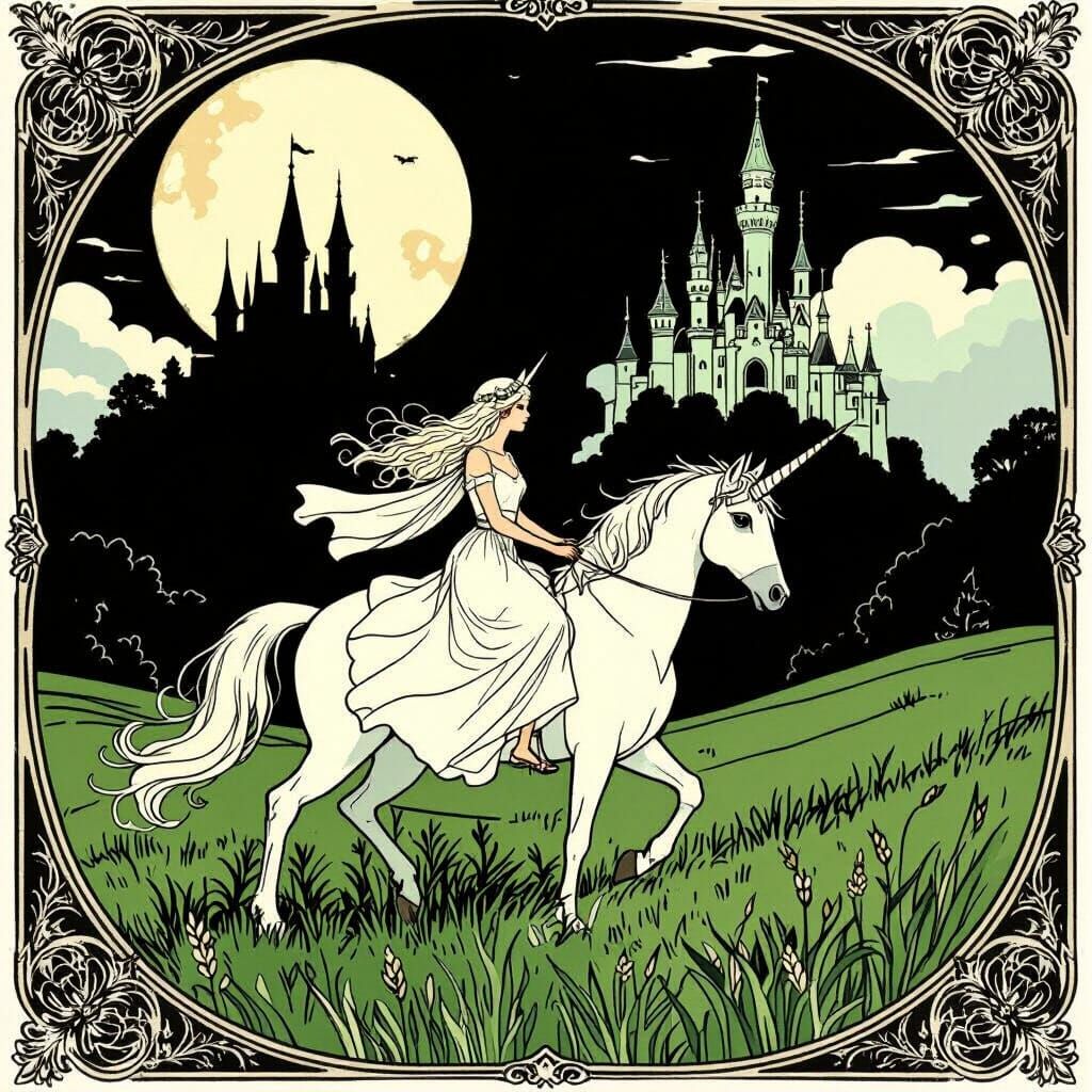 Fairy on Unicorn in Meadow, Art Nouveau Style