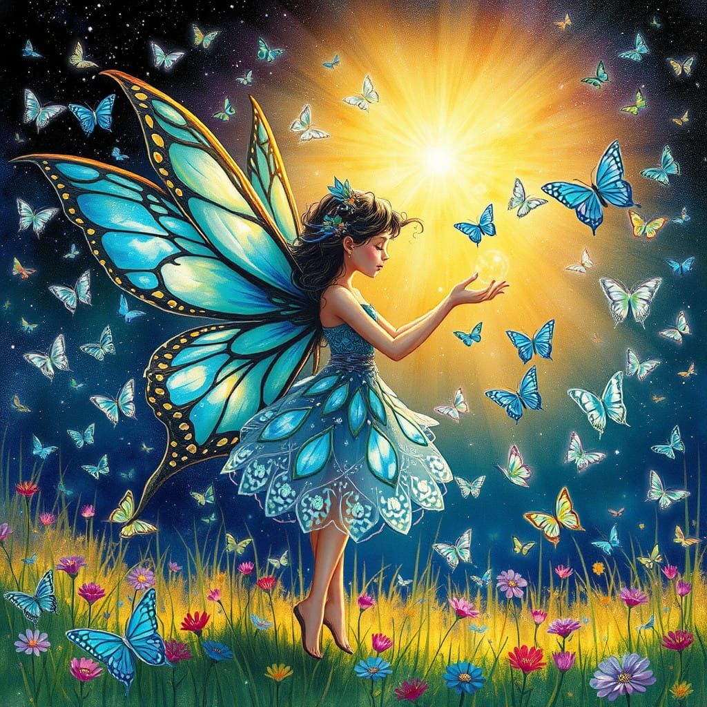 Mystical Fairy Amidst Butterflies and Bubbles in Vibrant Mea...