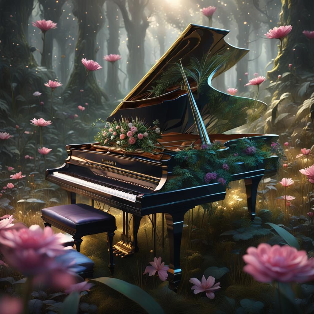 Crystal Piano Surrounded by Golden Butterflies