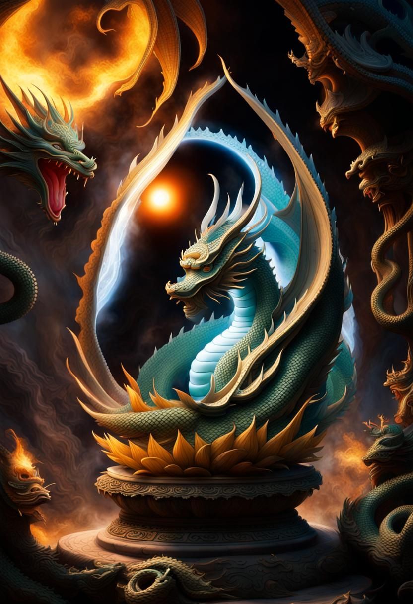 Buddha Goddess Faces a Dragon