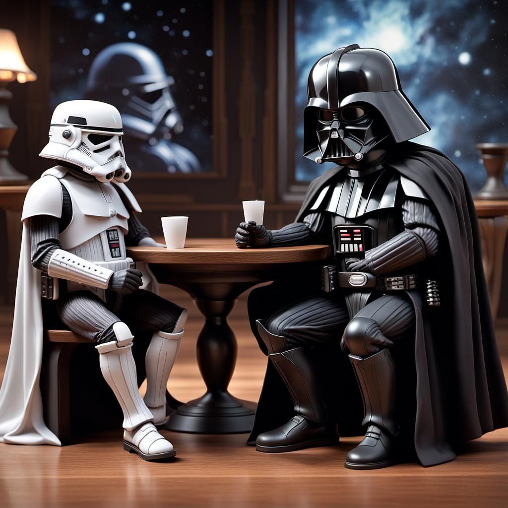 Darth Vader and a stormtrooper having a chat