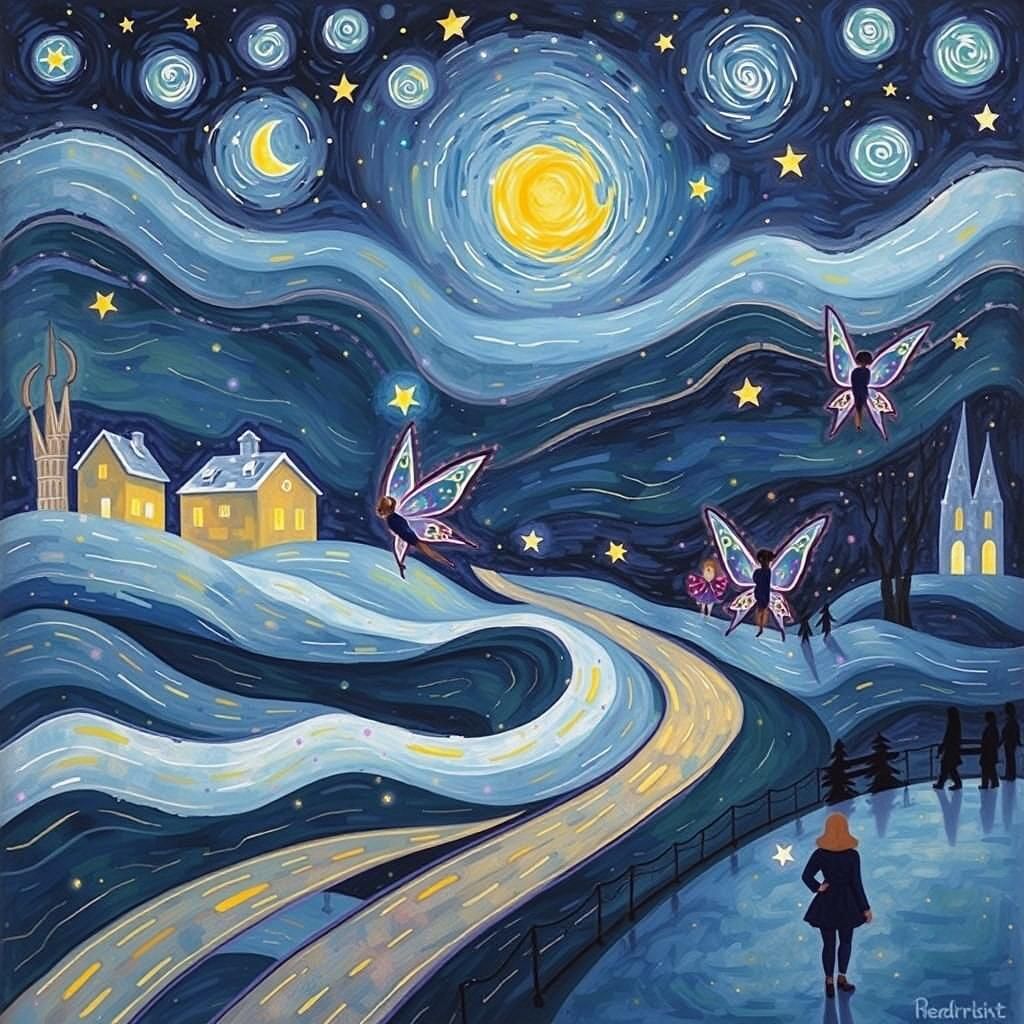 Fairies Dance in Starry Night Sky: Van Gogh Style