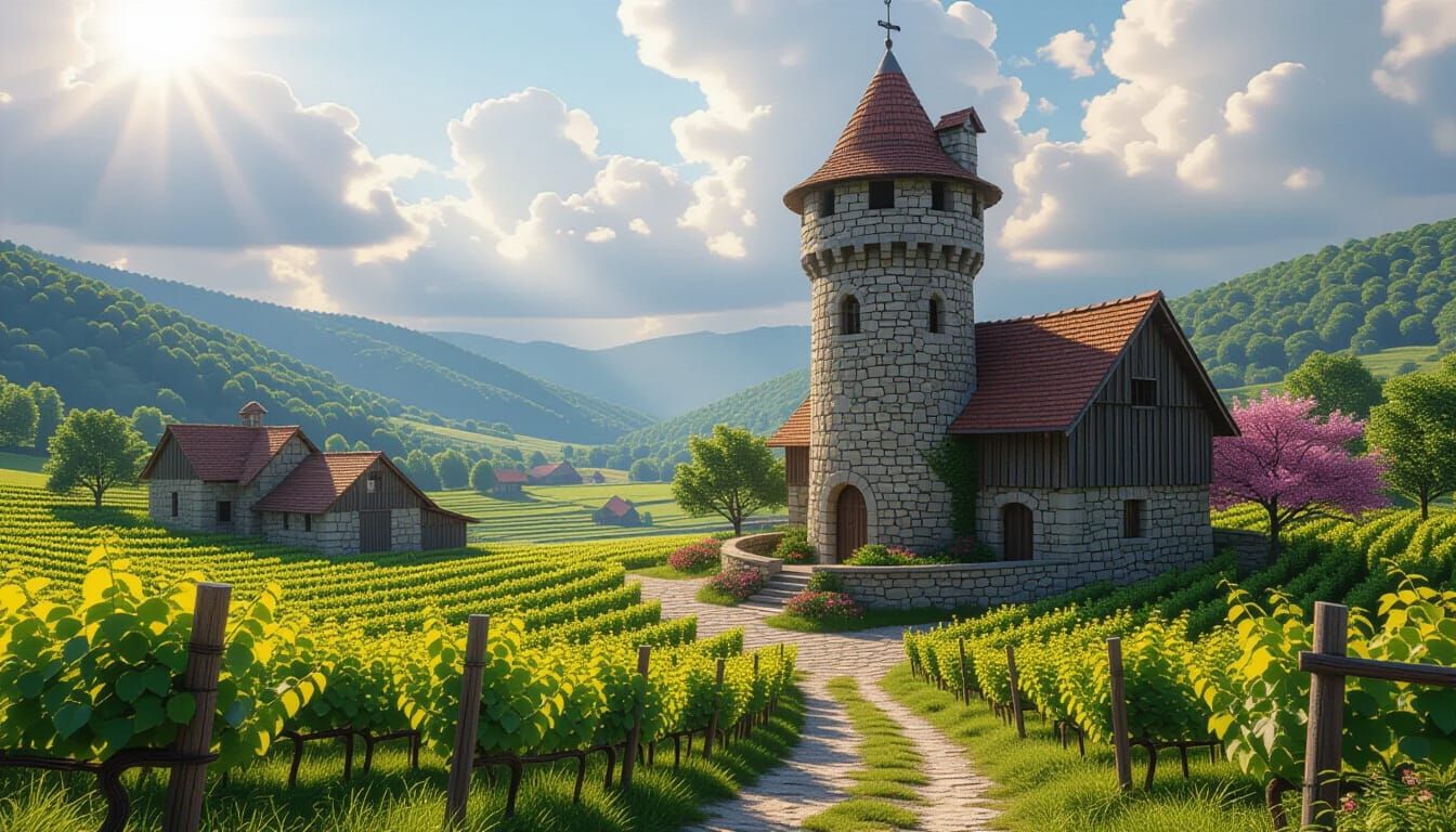 Stone Tower in Vibrant Vineyard Landscape