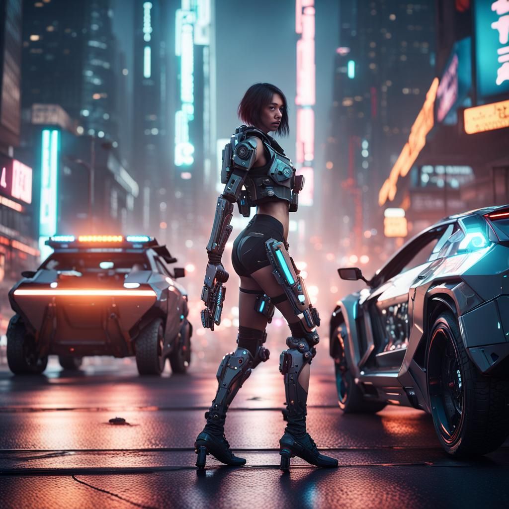 Cyberpunk Street Thief Evading Police in Neon City