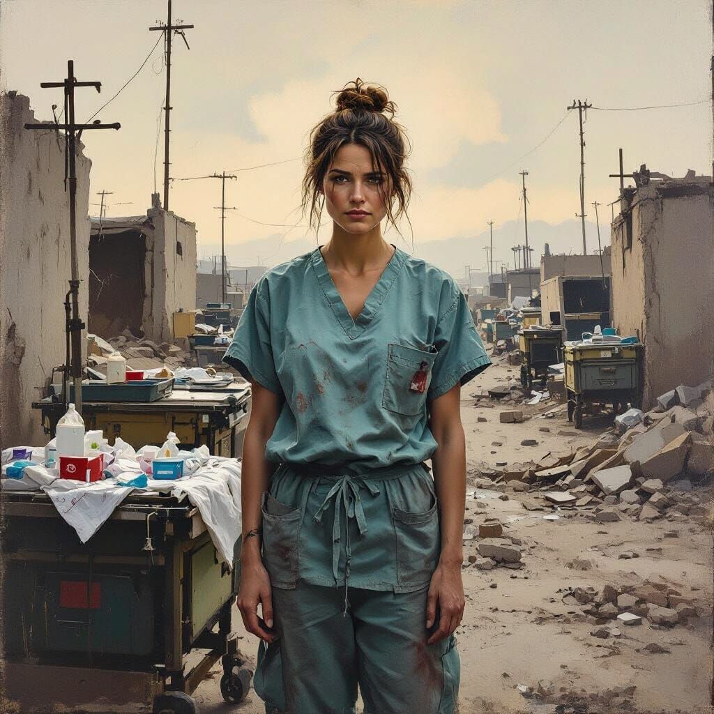 Surgeon in War-Torn Landscape as Emotive Portrait