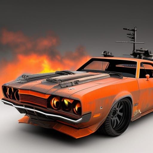 Dystopian Muscle Car with Machine Gun in Hyperrealism