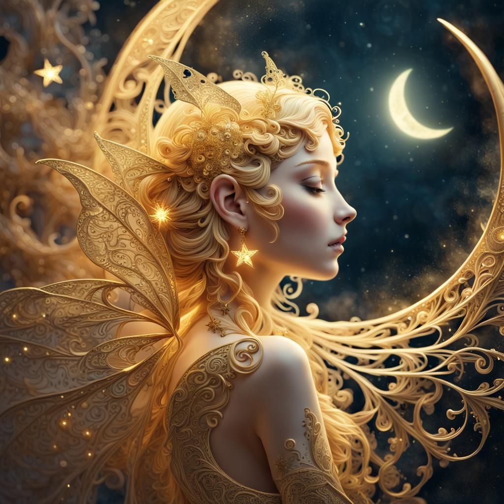 Golden Fairy on Crescent Moon in Fractal Landscape