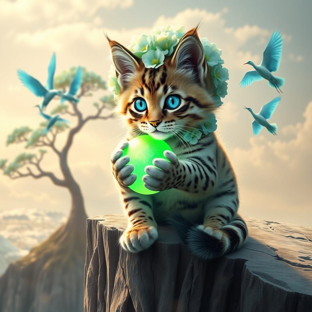 Turquoise Floral Cat on Cliff, Digital Art