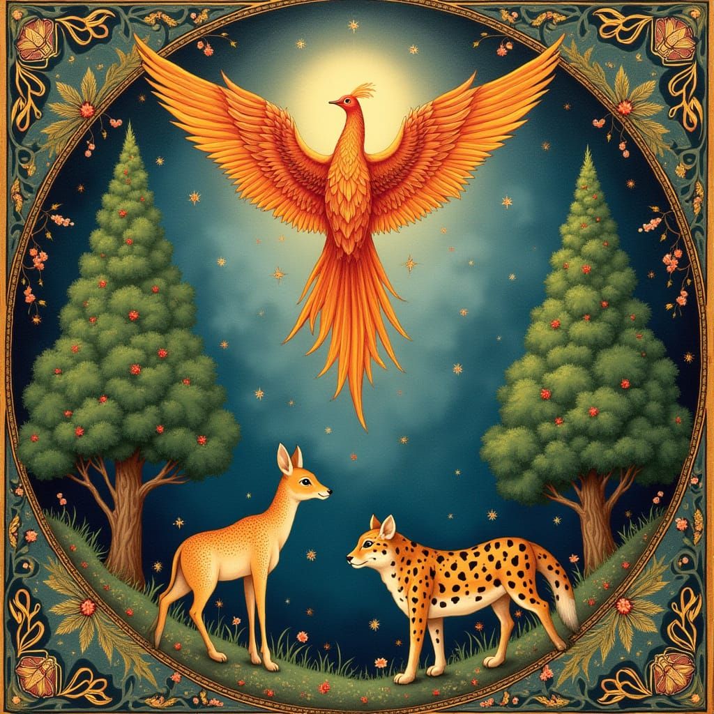 Enchanting Ottoman Miniature Painting of Mystical Forest Sce...