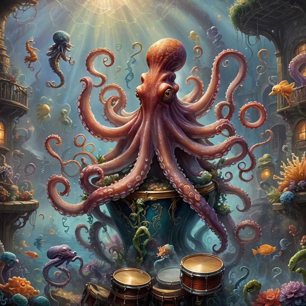 Octopus playing the drums to an audience of seahorses. ethereal fantasy hyperdetailed mist Thomas Kinkade