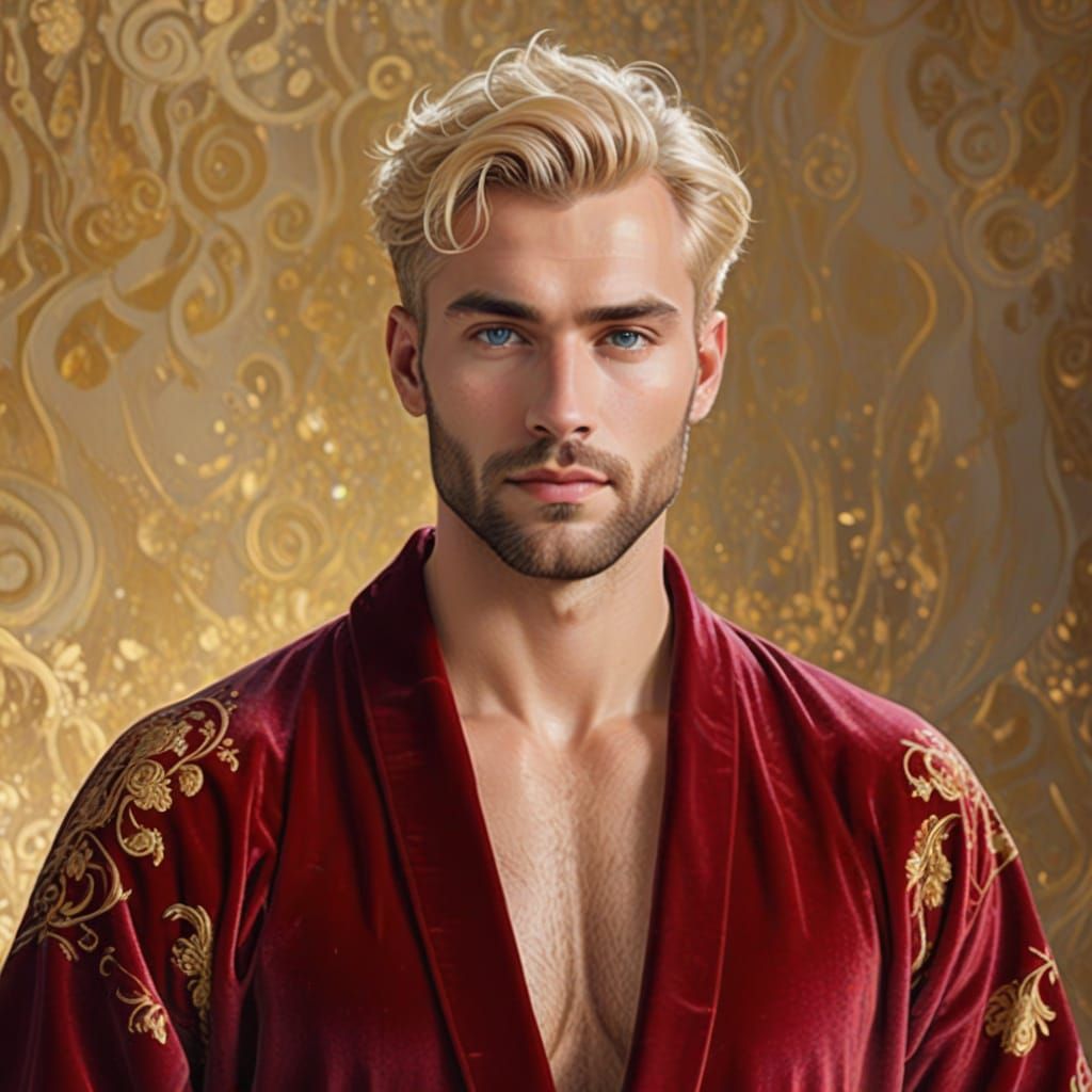 Gustav Klimt-Style Portrait of a Handsome Blond Man in Velve...