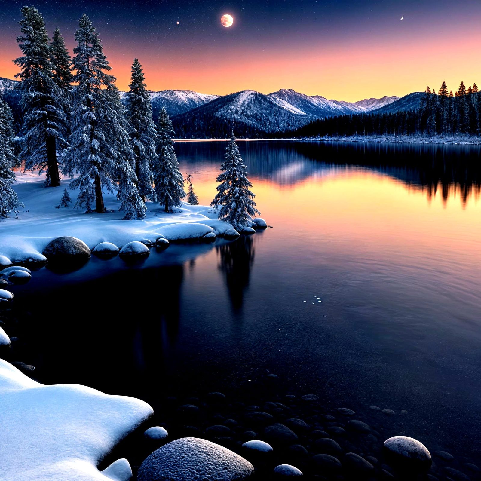 Lake Tahoe Full Moon Winter Night in Hyperrealism