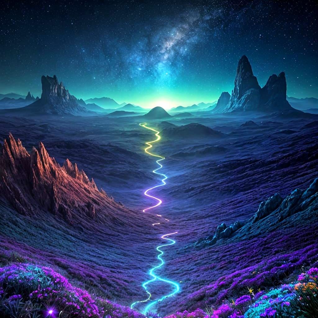 Alien Planet with Bioluminescent Flora and Cosmic Sky