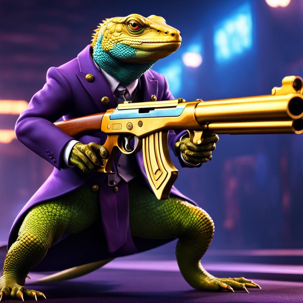 Lizard Gangster with Shotgun: Dark Fantasy Art