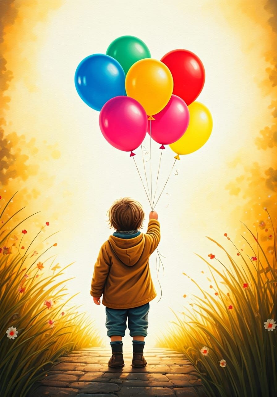 Happy Child with Balloon in Beatrix Potter Style