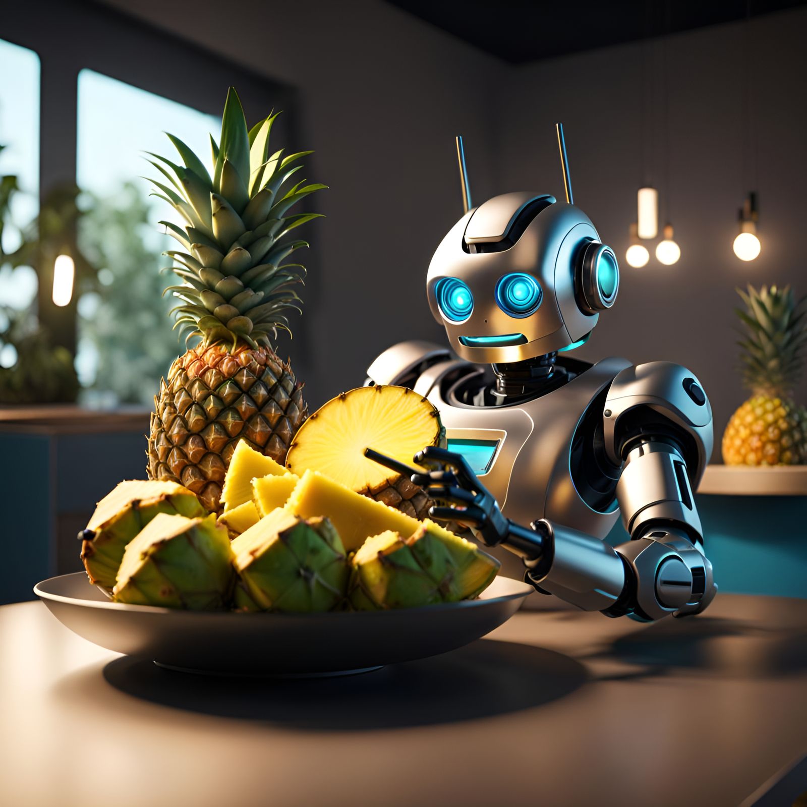 Hyperrealistic Robot Eating Pineapple in 8K 3D