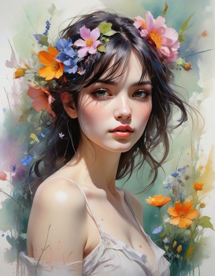 Summer Portrait in Watercolor Meadow, Splashy Style