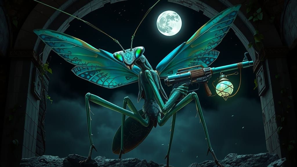 Gothic Steampunk Preying Mantis Illuminated by Moonlight