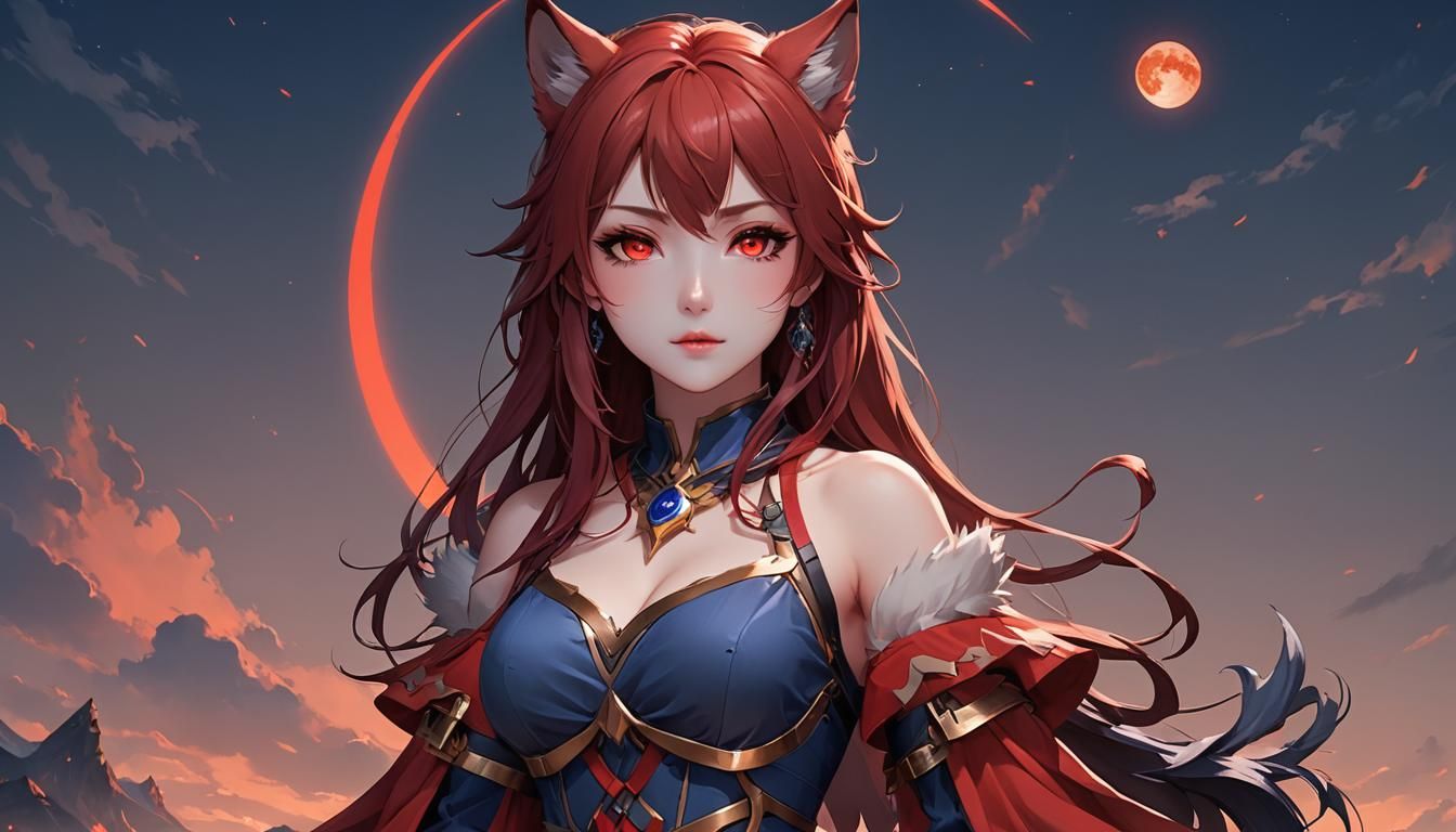Anime Wolf Girl with Red and Sapphire Moon