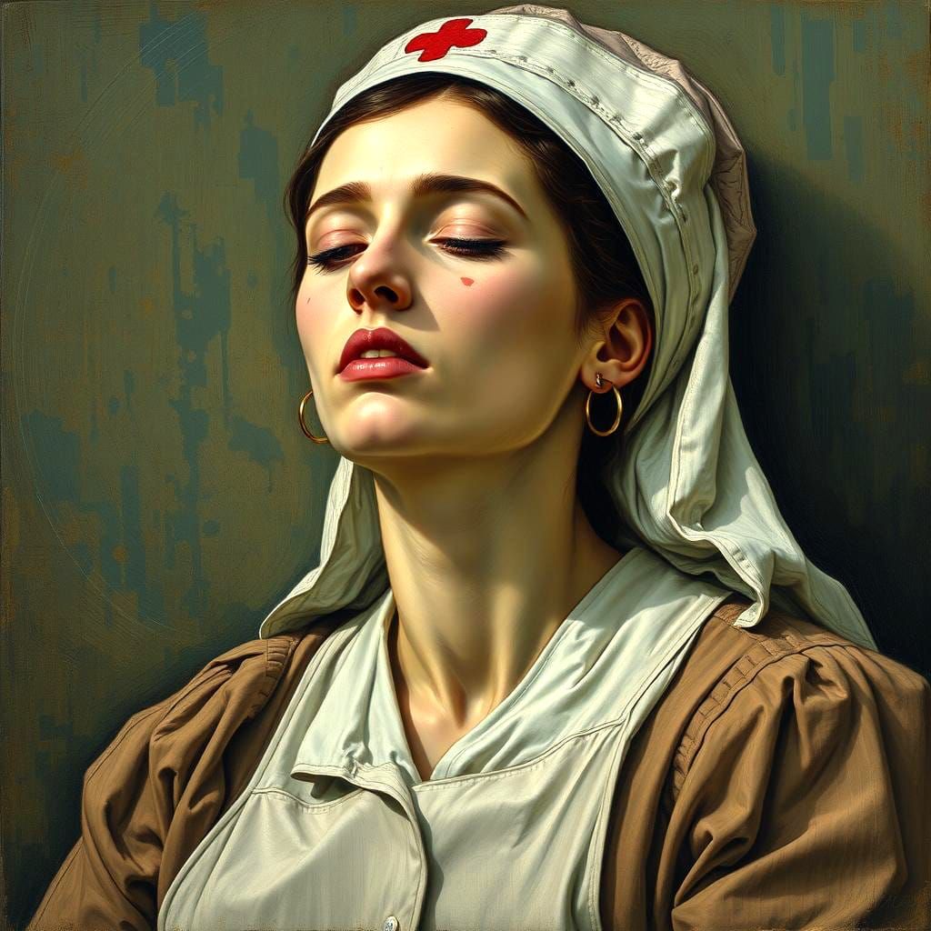 Exhausted Nurse Portrait in Art Nouveau Style