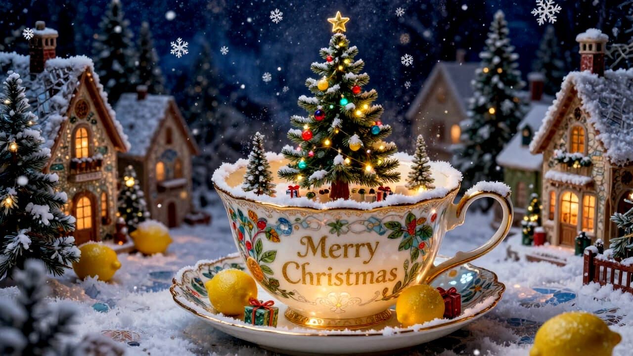 Christmas Village Teacup Scene with Snowflakes